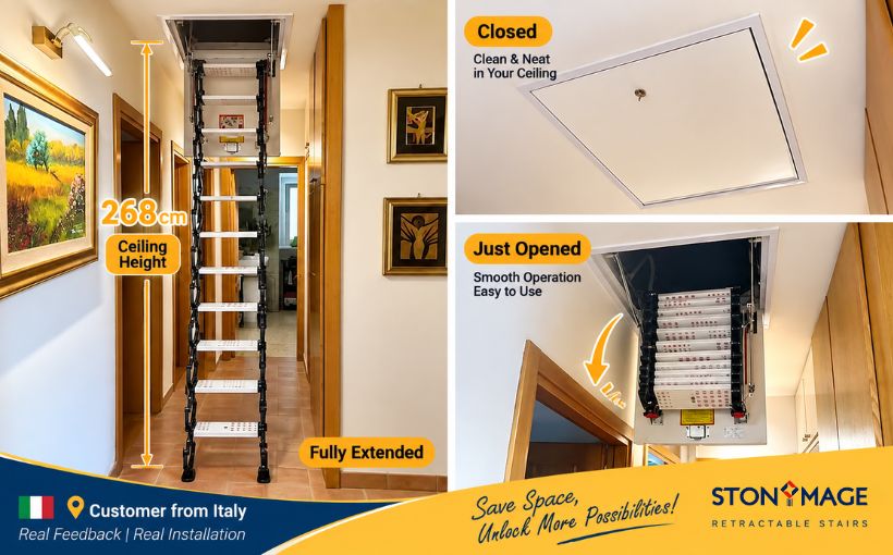 Custom 2.68m Manual Telescopic Stair Customer Feedback from Italy